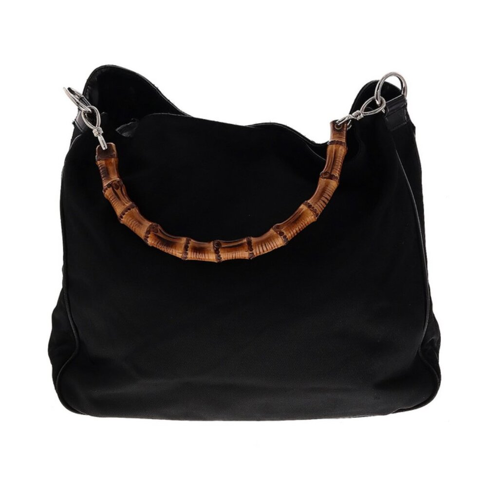 🖤 Gucci Vintage Bamboo-Handle Black Canvas Tote | Iconic Top-Zip Purse